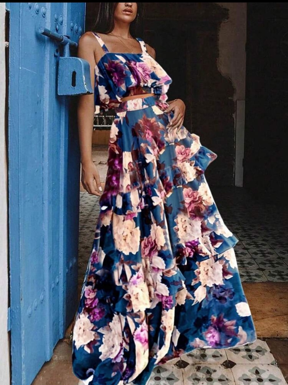 Floral Tiered Maxi Skirt in Navy Blue - Women's Skirt Maxi - Picture 5 of 6